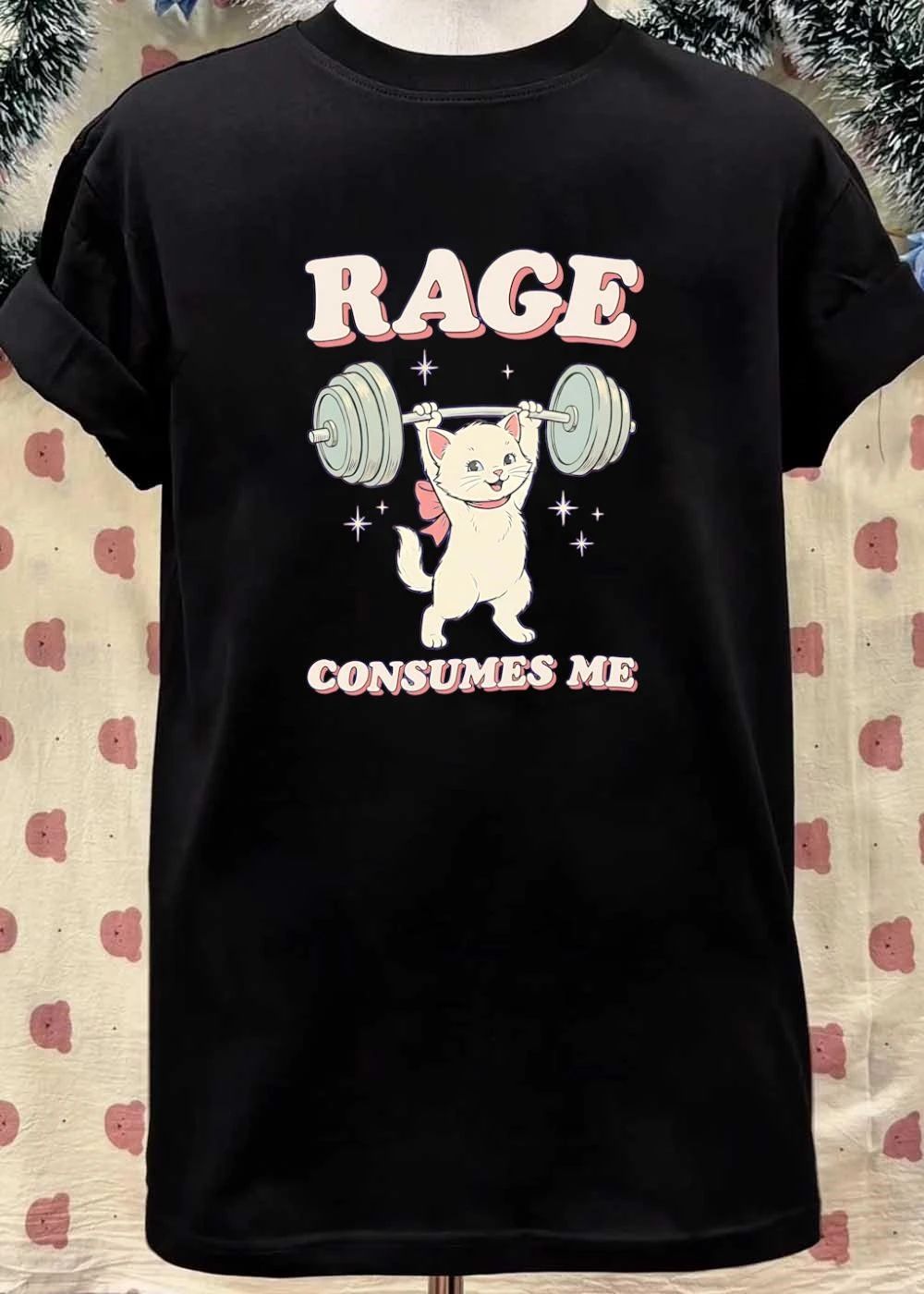 Gym Cat Lifting Weights Rage Consumes Me White Kitten T-Shirt
