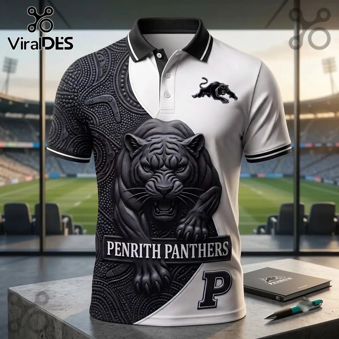 Penrith Panthers Mascot Black and White Polo Shirt