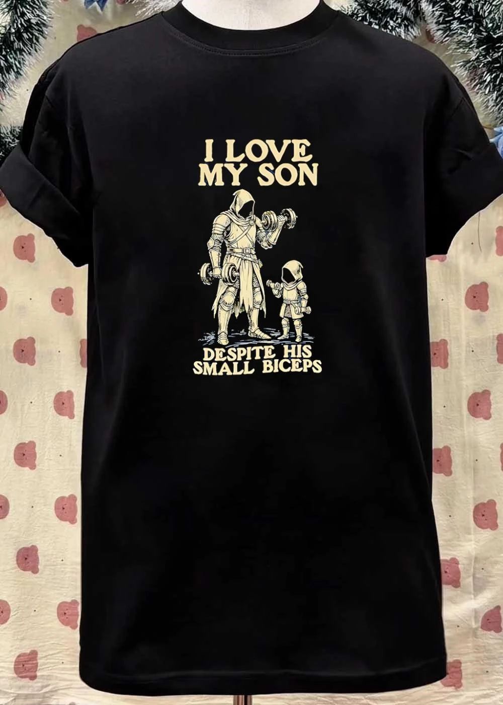 I Love My Son Despite His Small Biceps Hooded Knight Lifting Dumbbells T-Shirt