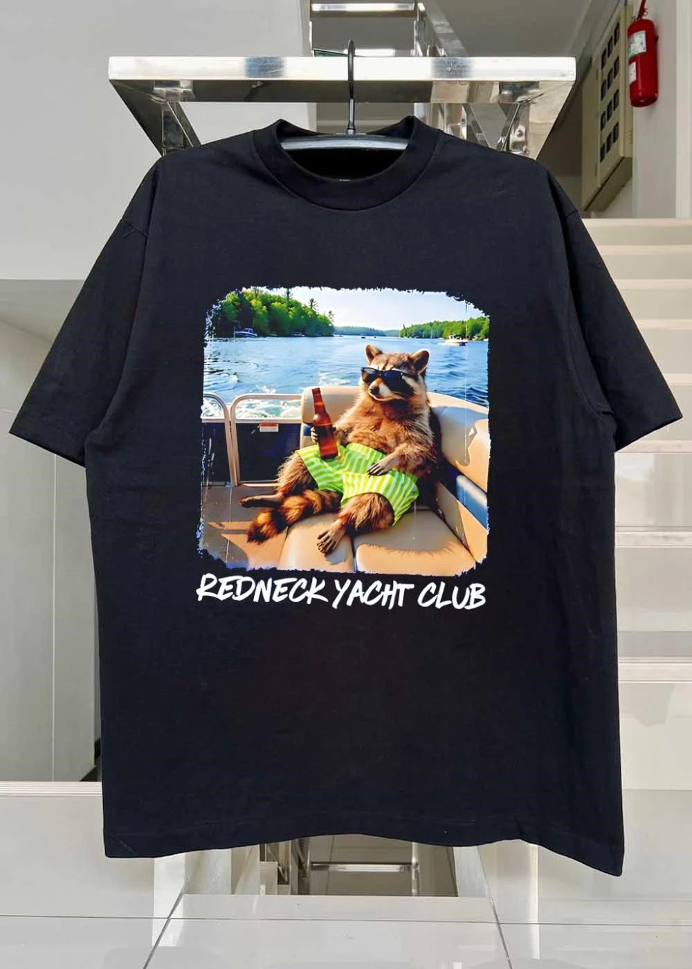 Redneck Yacht Club Raccoon Drinking Beer on a Boat T-Shirt