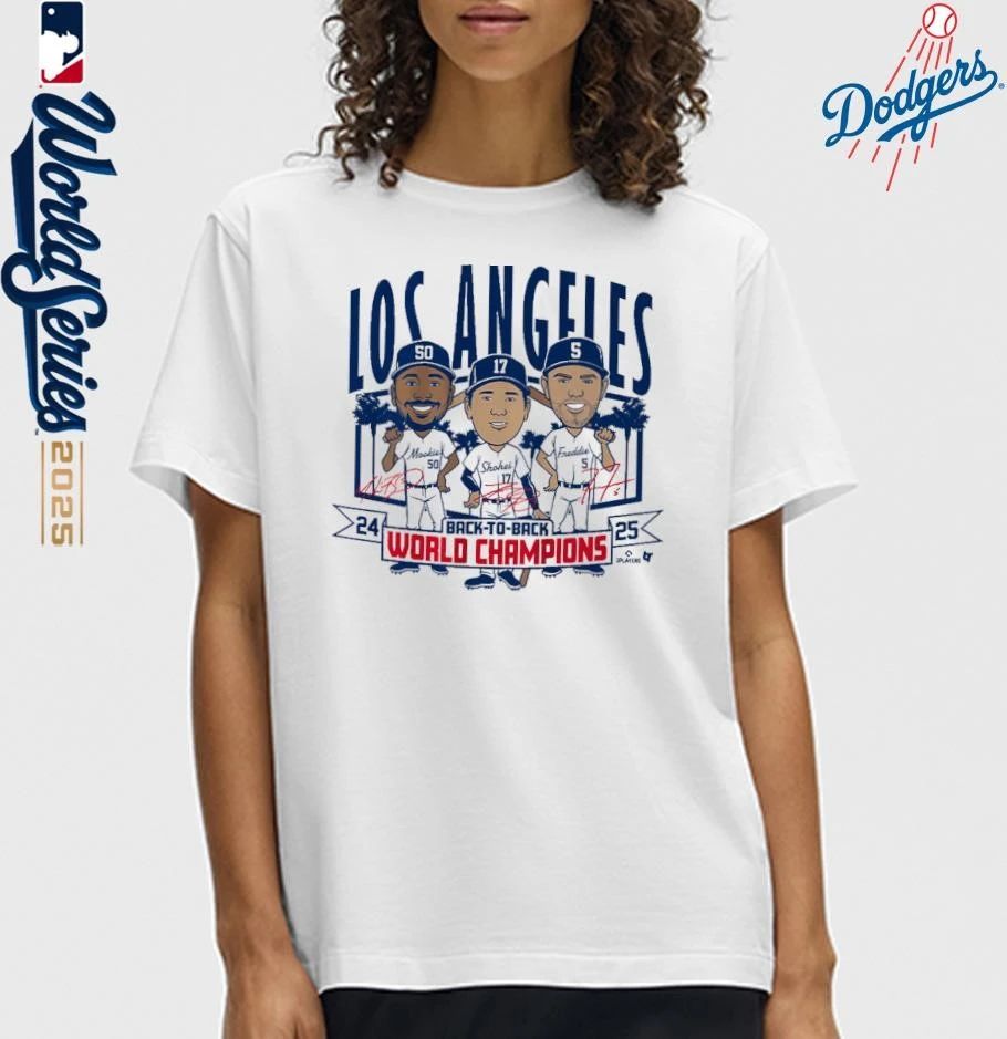 Los Angeles Dodgers Back-to-Back World Champs Caricatures T-Shirt