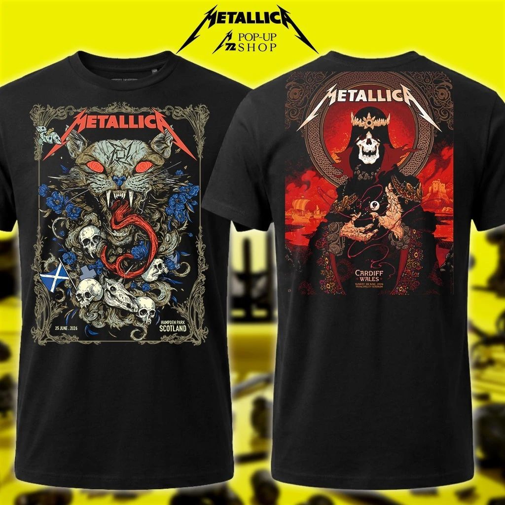 Metallica Hampden Park Glasgow and Cardiff Shirt M72 World Tour 2026 June 2026 Art by Wolf Skull Jack and Peter Diamond