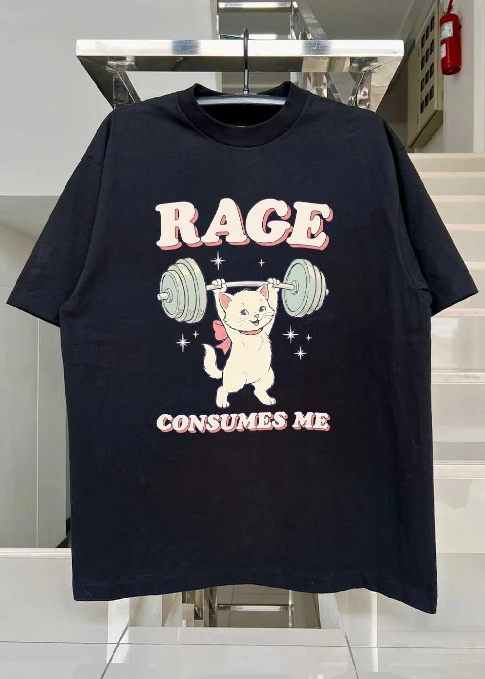Gym Cat Lifting Weights Rage Consumes Me White Kitten T-Shirt