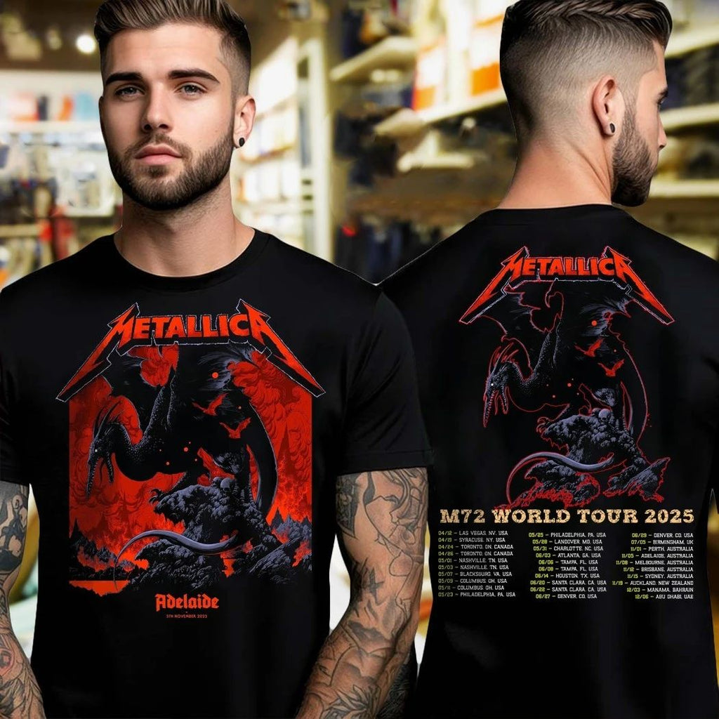 Metallica heavy metal band shirt and M72 World Tour 2025 tour and Back of shirt M72 World Tour 2025 tour locations and dates and shows in Adelaide, Australia