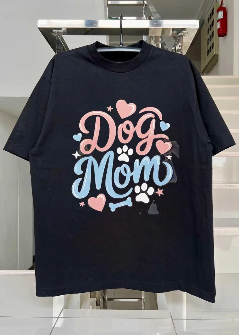 Dog Mom Cute Hearts Paw Prints Stars Bone Design T-Shirt