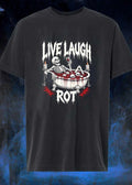 Skeleton in bathtub with blood and skulls holding wine glass live laugh rot shirt
