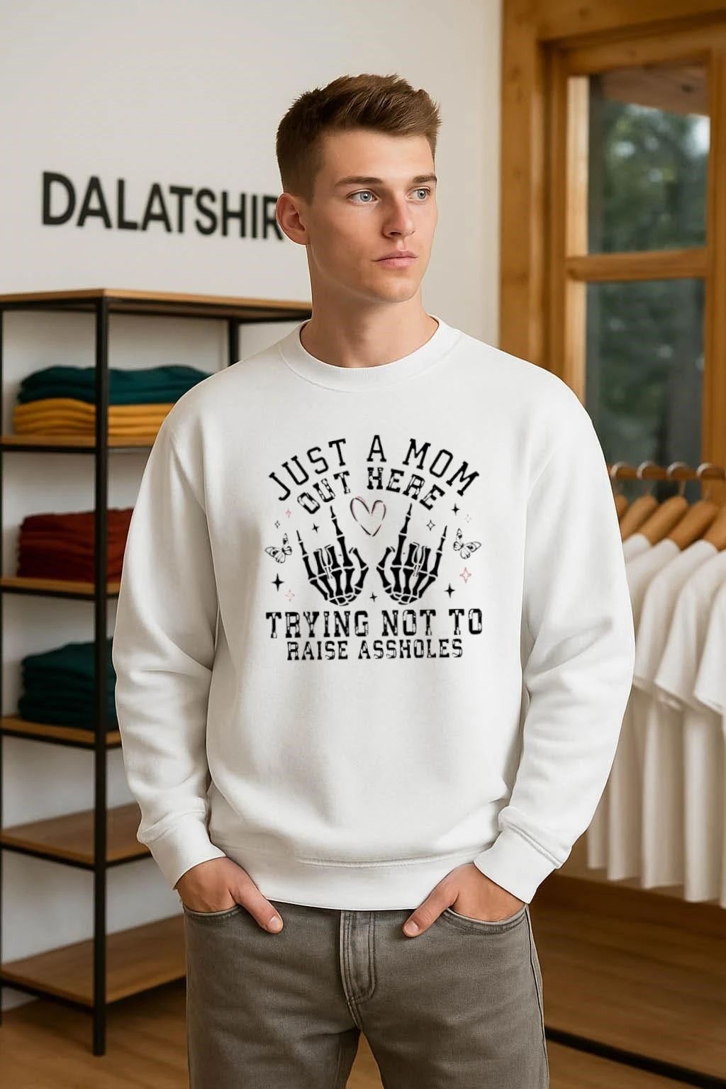 Just a mom out here trying not to raise assholes skeleton hands shirt
