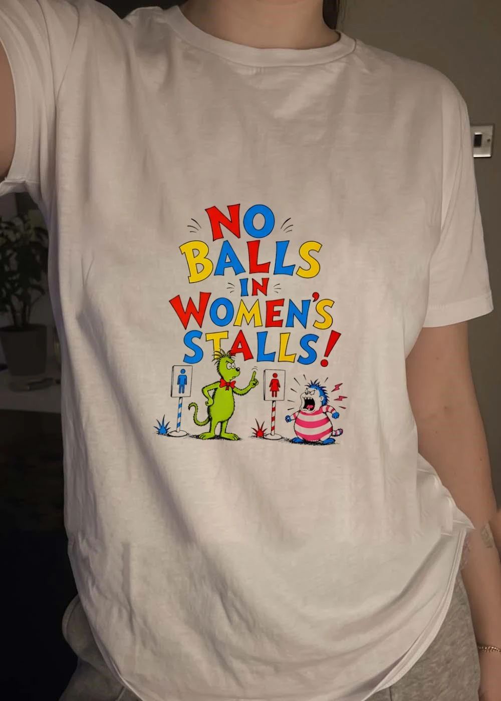 No balls in women’s stalls Grinch style character shirt