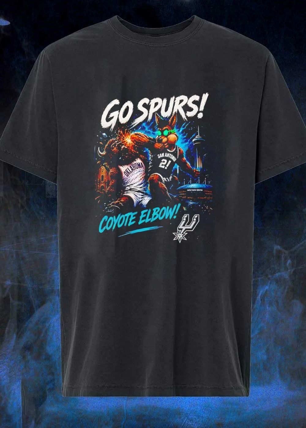 Spurs Coyote Mascot Elbowing Oklahoma Bison Go Spurs Coyote Elbow San Antonio T-Shirt