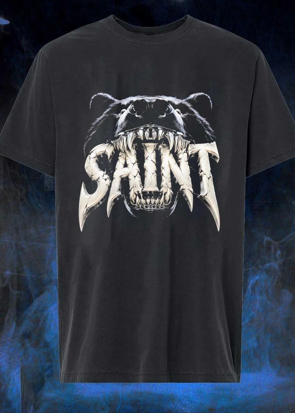 Black Bear Vicious Growl Saint Silver Cracked Metallic T-Shirt