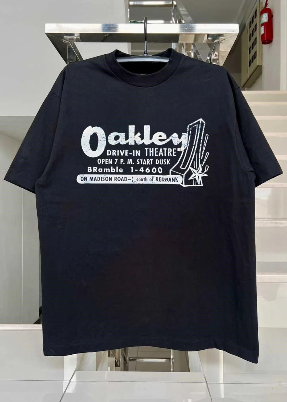 Oakley Drive-in Theatre Open 7 PM Start Dusk Bramble 14600 on Madison Road South of Redbank Vintage Retro Drive-in Theatre T-Shirt