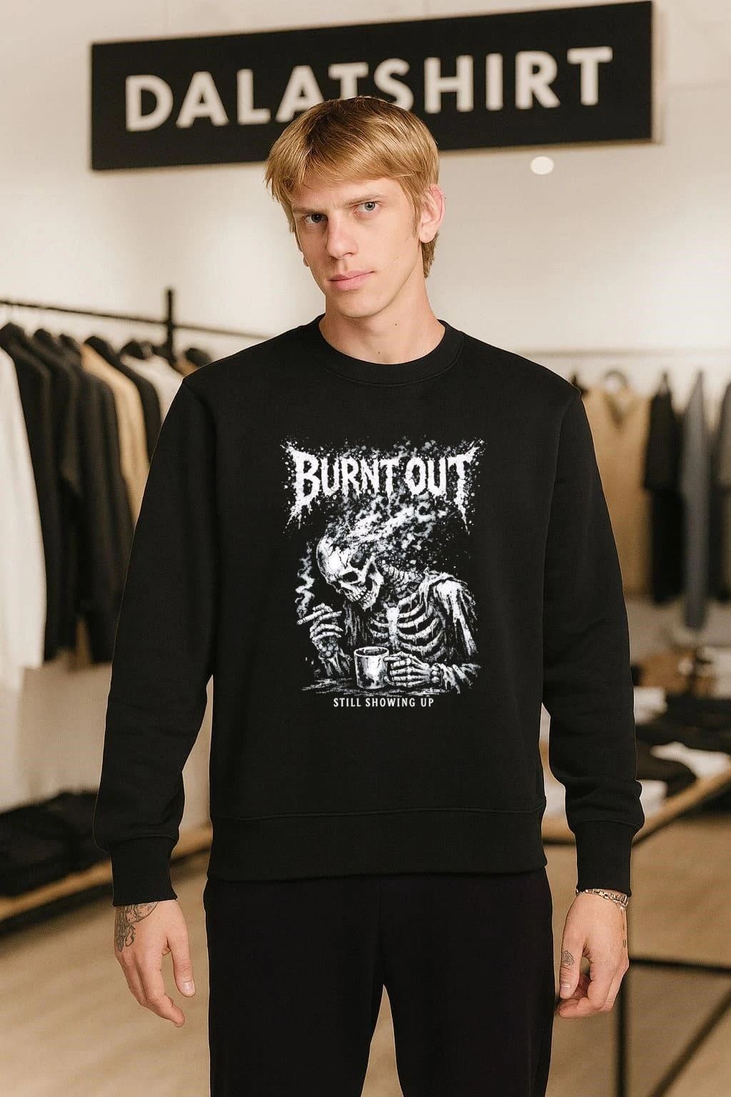 Burnt Out Still Showing Up Skeleton Smoking Coffee Heavy Metal shirt