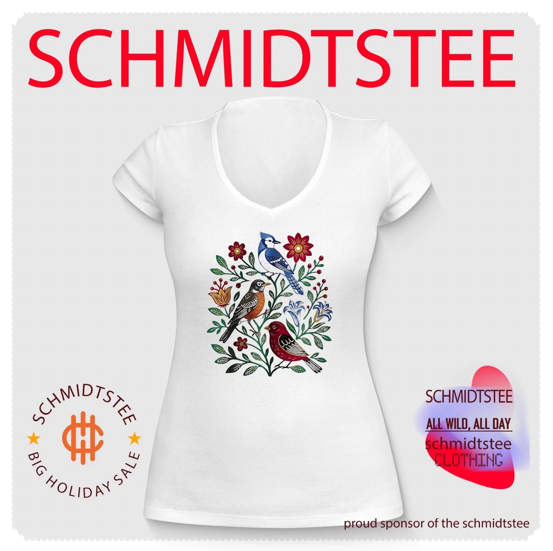 Floral Birdsong Blue Jay Robin and Red Bird shirt