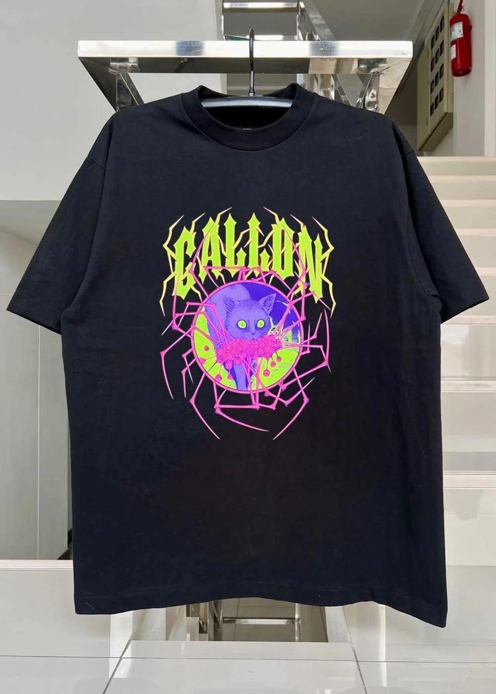Cat with Flowers Gallon Spider Web Neon Graphic shirt