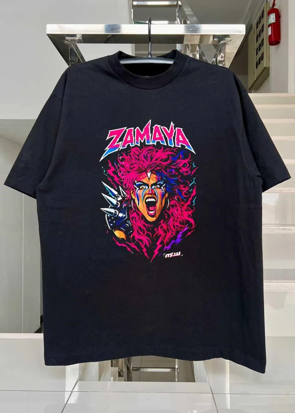 MLW Zamaya Warrior Screaming Pink Hair Spiked Shoulder Pad T-Shirt