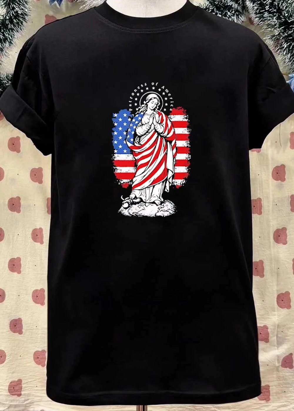Patroness of America Blessed Virgin Mary Praying United States Flag T-Shirt