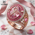 Breast Cancer Awareness Pink Crystal Ribbon Rose Ring