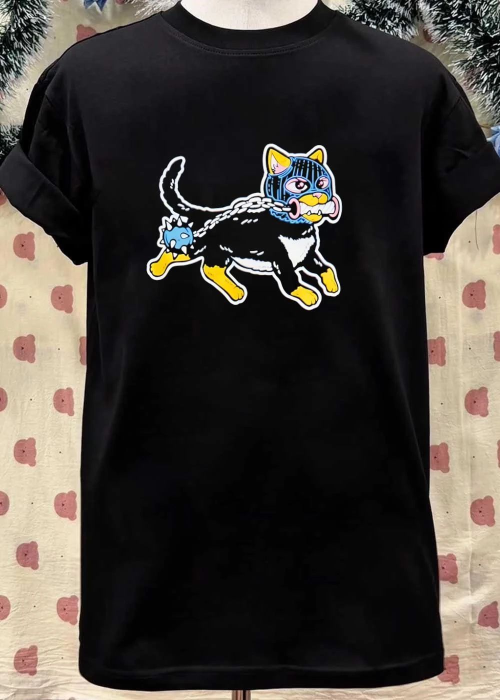 Streetwear Punk Cat Wearing a Balaclava with a Spiked Ball T-Shirt