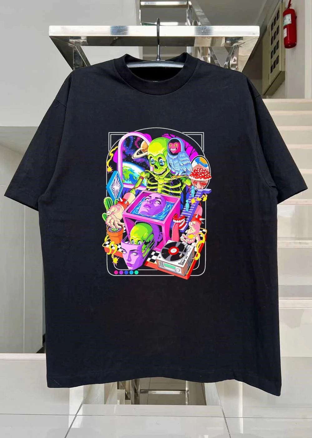 Green skeleton psychedelic owl surreal heads space earth trippy mushrooms record player shirt