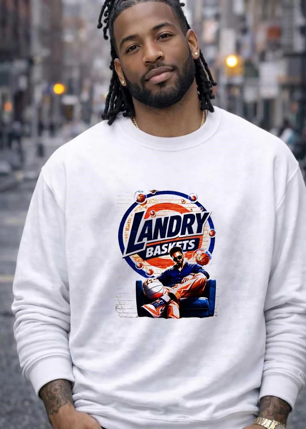 Landry Baskets Stylish Man Sitting with Basketball Graphic T-Shirt