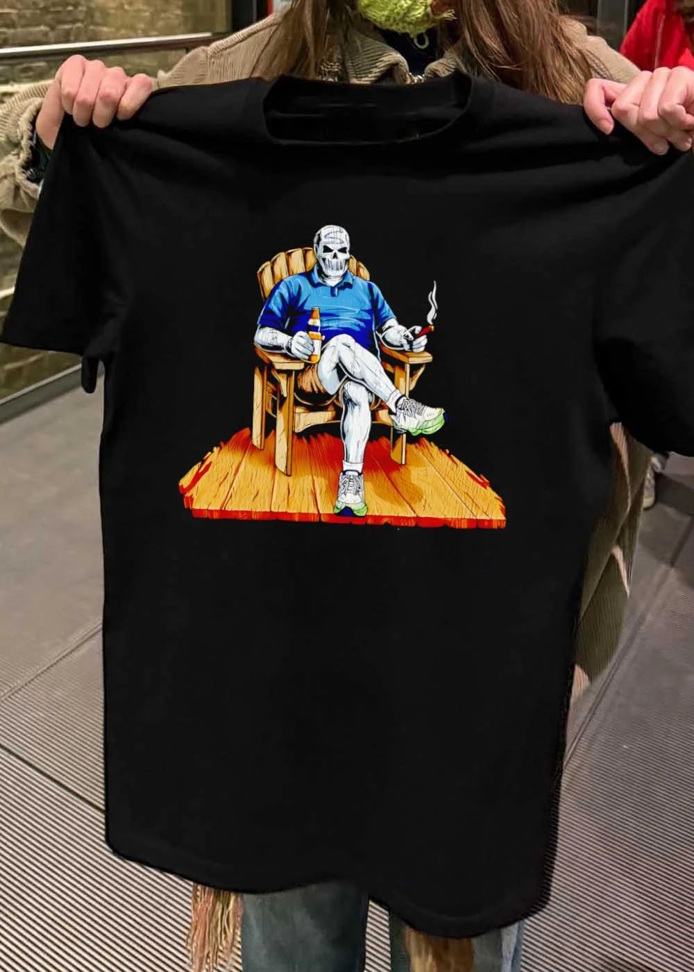 DarthBeards Skull Sitting in a Lawn Chair with Beer and Cigar T-Shirt