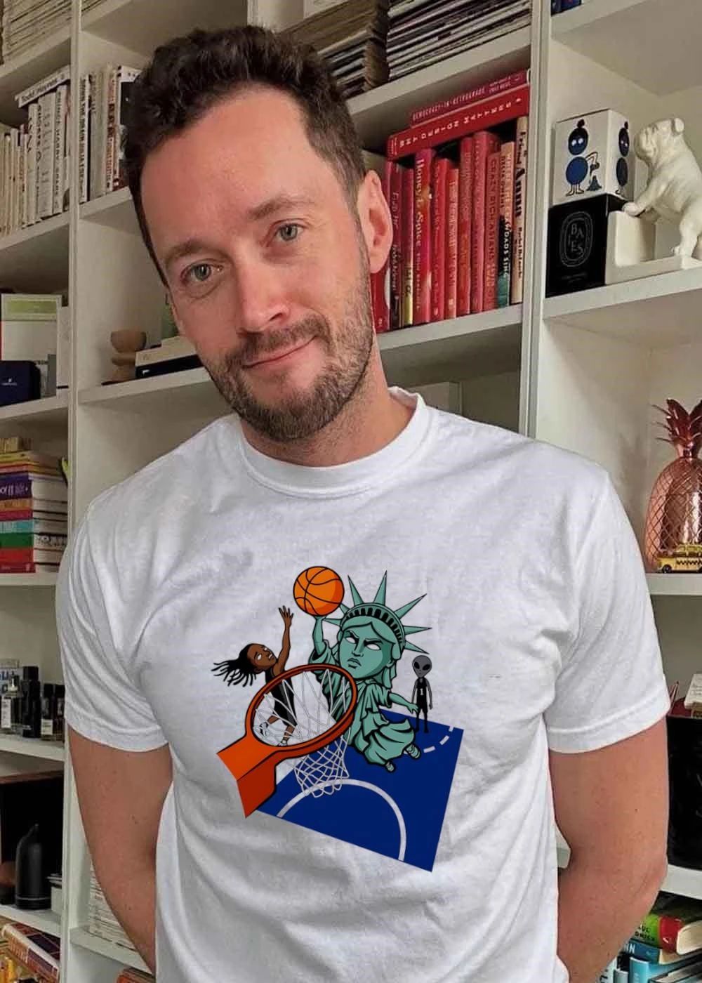 Joe Maracic Statue of Liberty Playing Basketball with Alien and Athlete T-Shirt