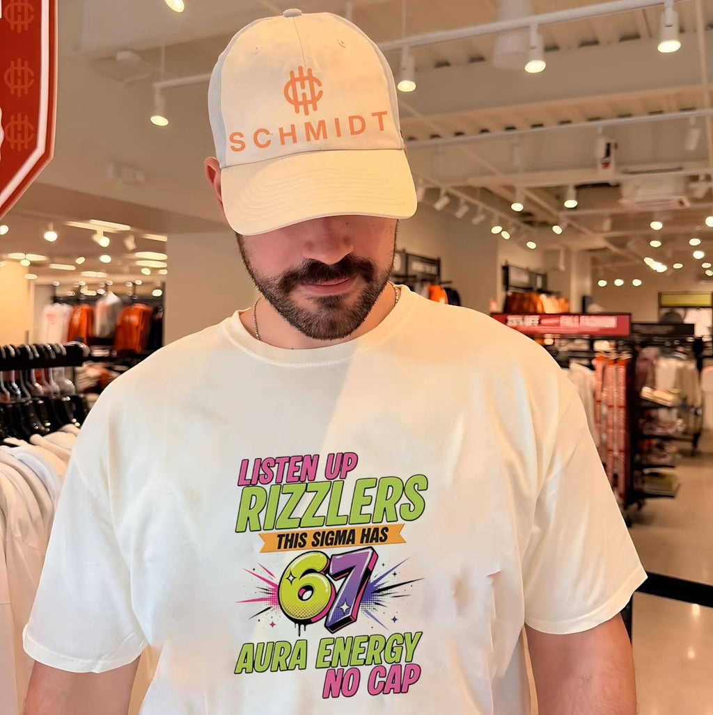 Listen up Rizzlers this signma has 67 aura energy no cap shirt