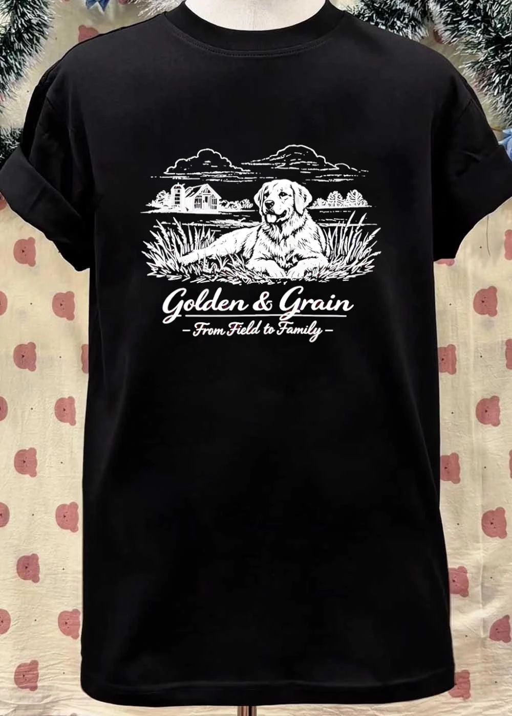Golden & Grain From Field to Family Dog Lying in Grass T-Shirt