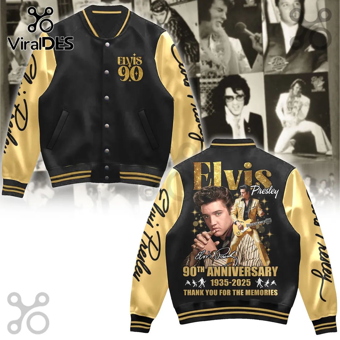 Elvis Presley 90th Anniversary Black Gold Baseball Jacket