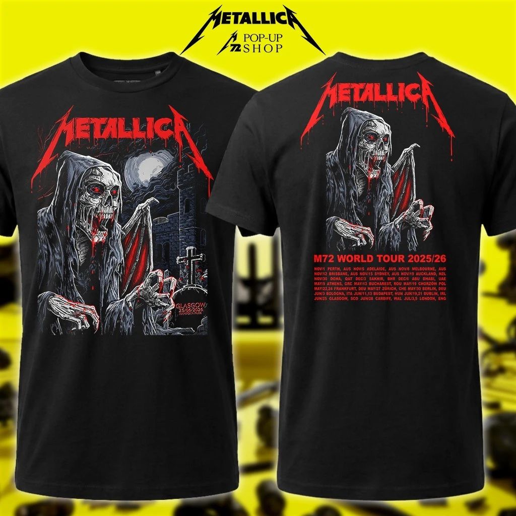 Metallica Glasgow, Scotland Concert Europe Tee M72 World Tour 2026 25th June 2026 Wolf Skull Jack