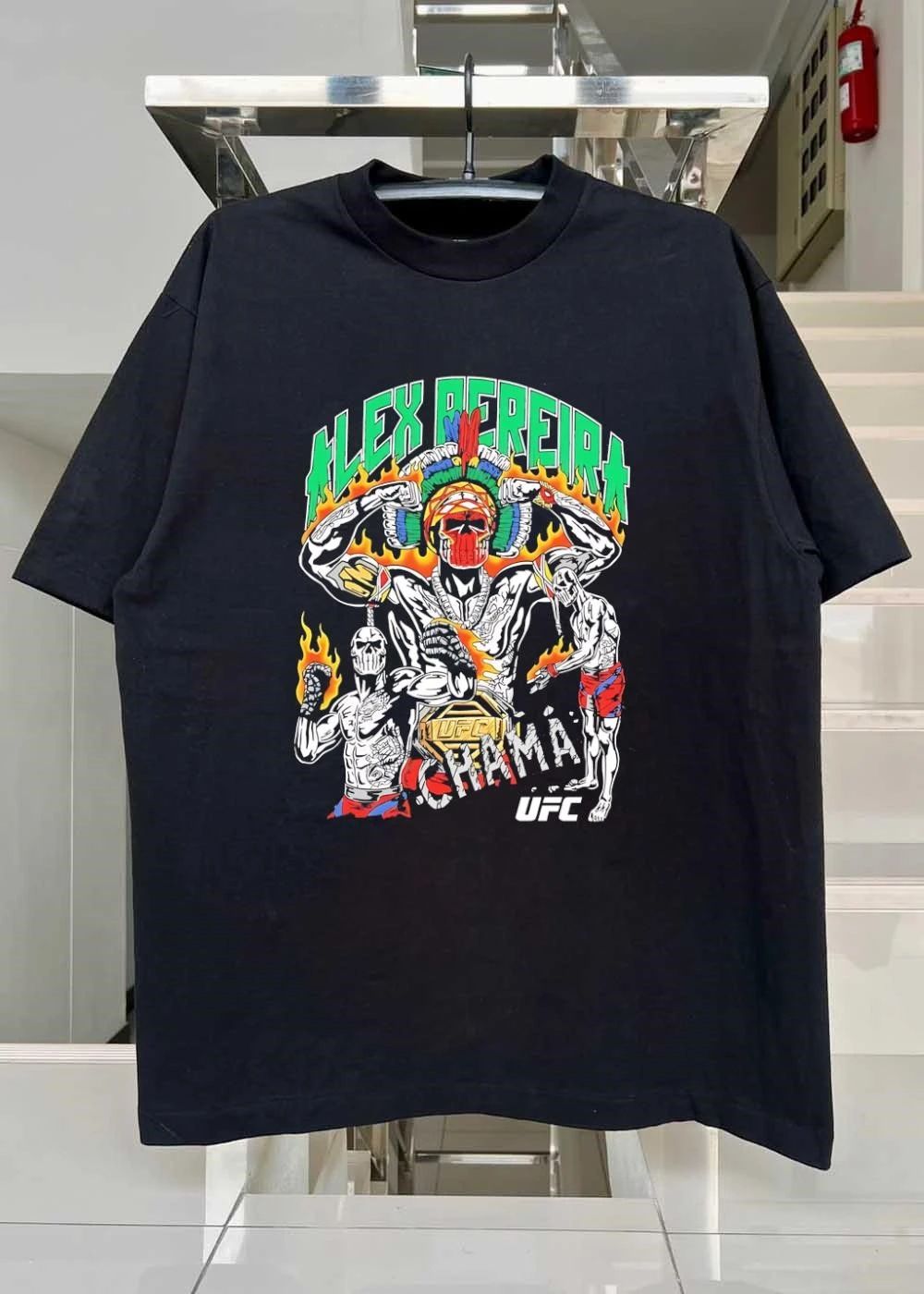 UFC ‘ Alex Pereira Posing with Championship Belt and Flaming Skulls ‘ Alex Pereira Chama ‘ UFC T-Shirt