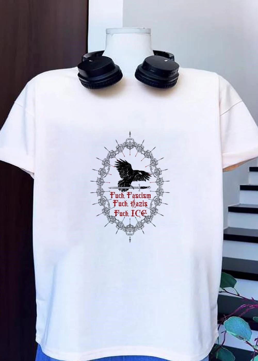 Raven Sword Gothic Art Fuck Fascism Nazis ICE T-Shirt