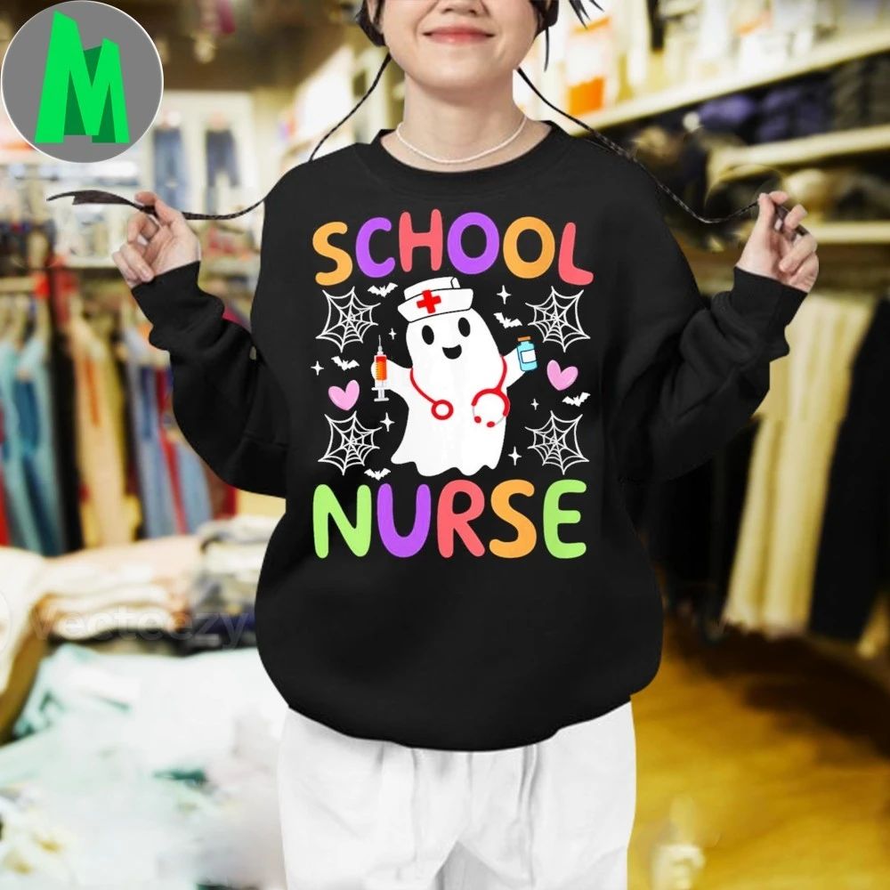 Women’s School Nurse Spooky Ghost Funny Halloween Nurse Costume 2025 Shirt