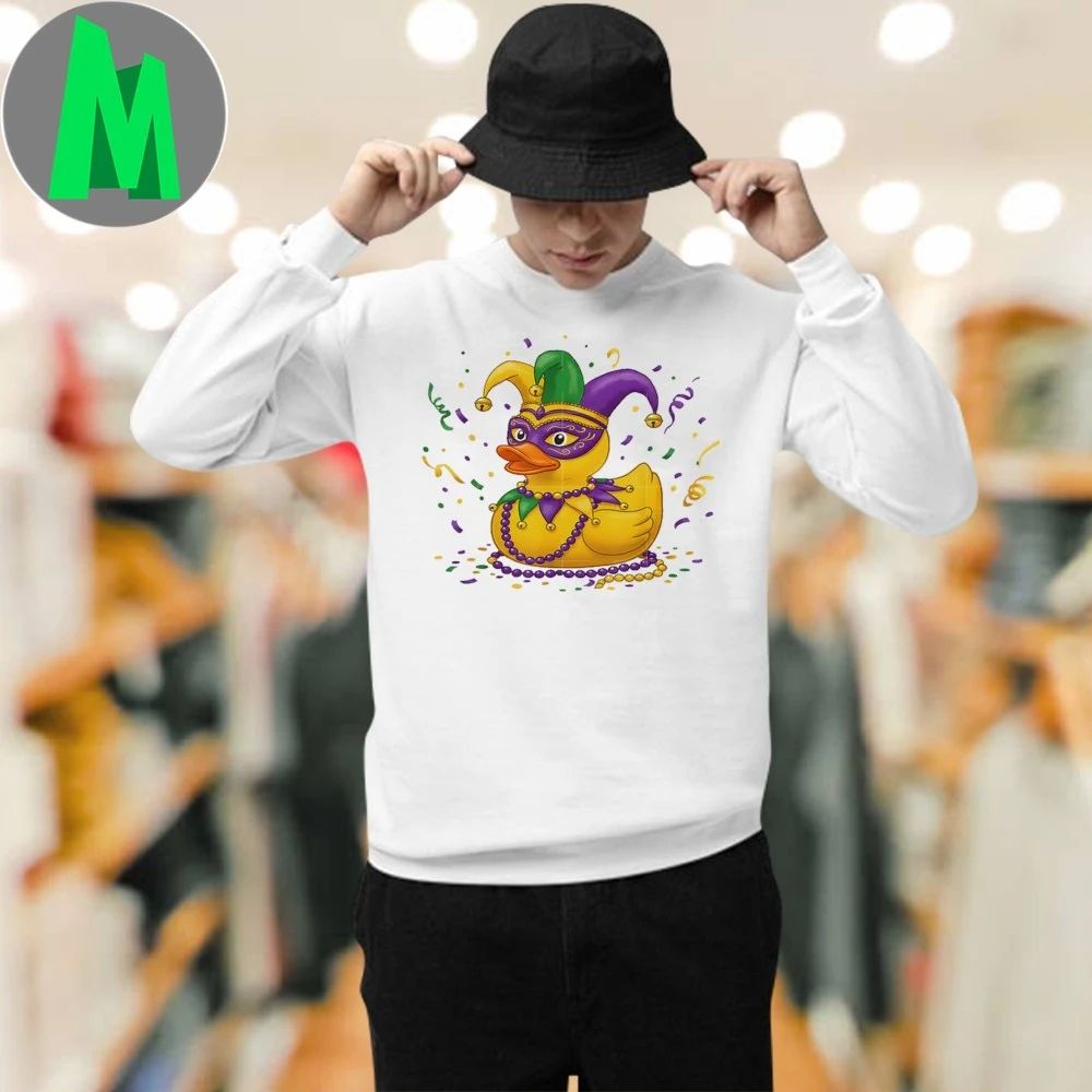 Original Cute Mardi Gras Duck Wearing Jester Crown Beads Festive Carnival Shirt