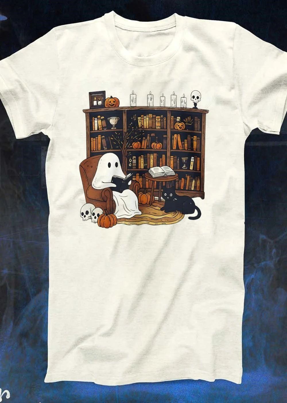 Halloween Ghost Reading Books with Black Cat and Pumpkins shirt