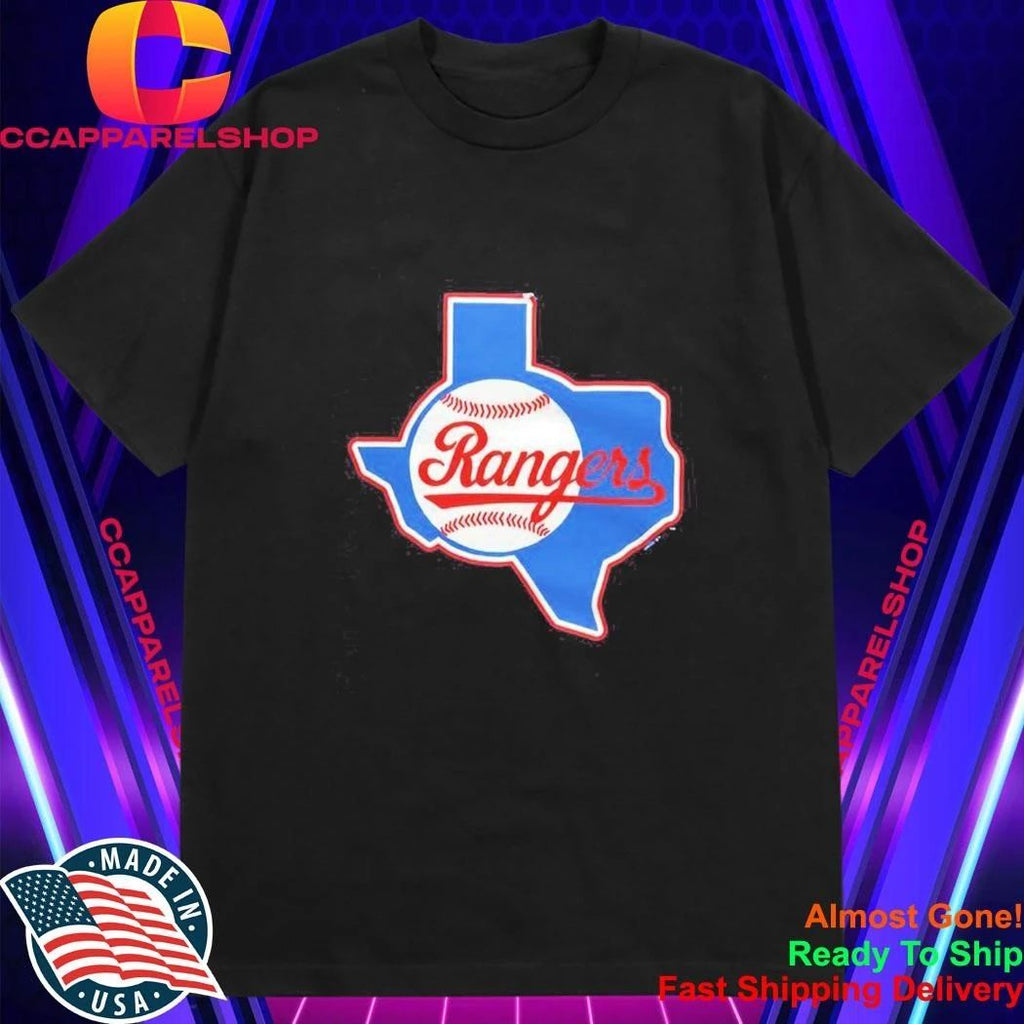 Texas Rangers Texas state outline baseball cursive script logo Shirt