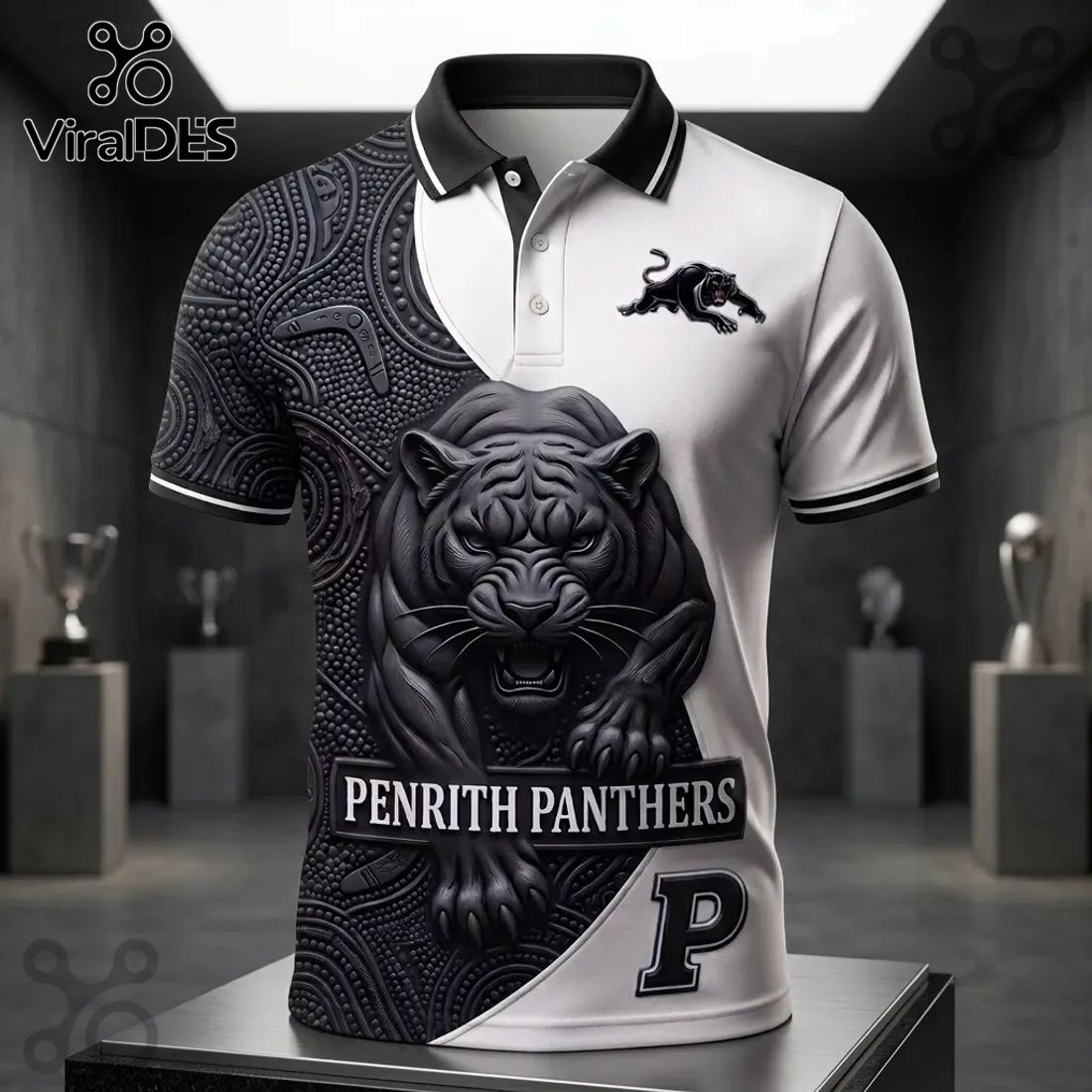 Penrith Panthers Mascot Black and White Polo Shirt