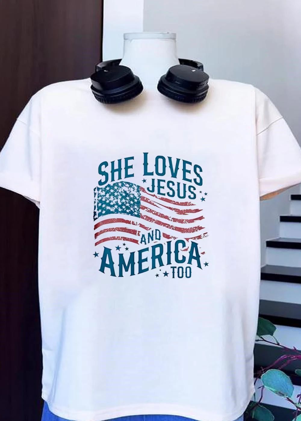She Loves Jesus and America Too Patriotic Women’s T-Shirt