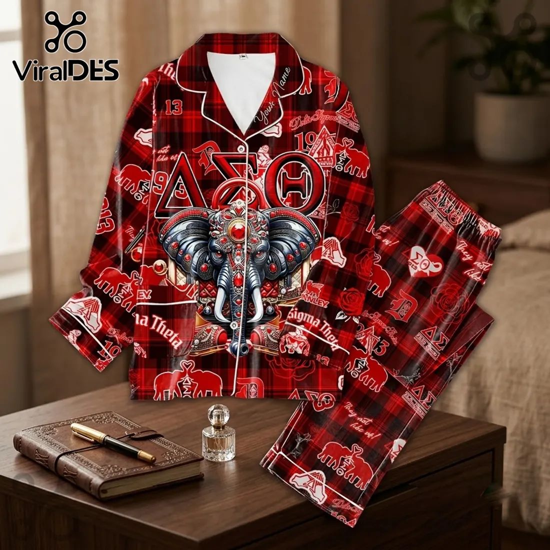 Delta Sigma Theta Red Plaid Elephant Pajama Set