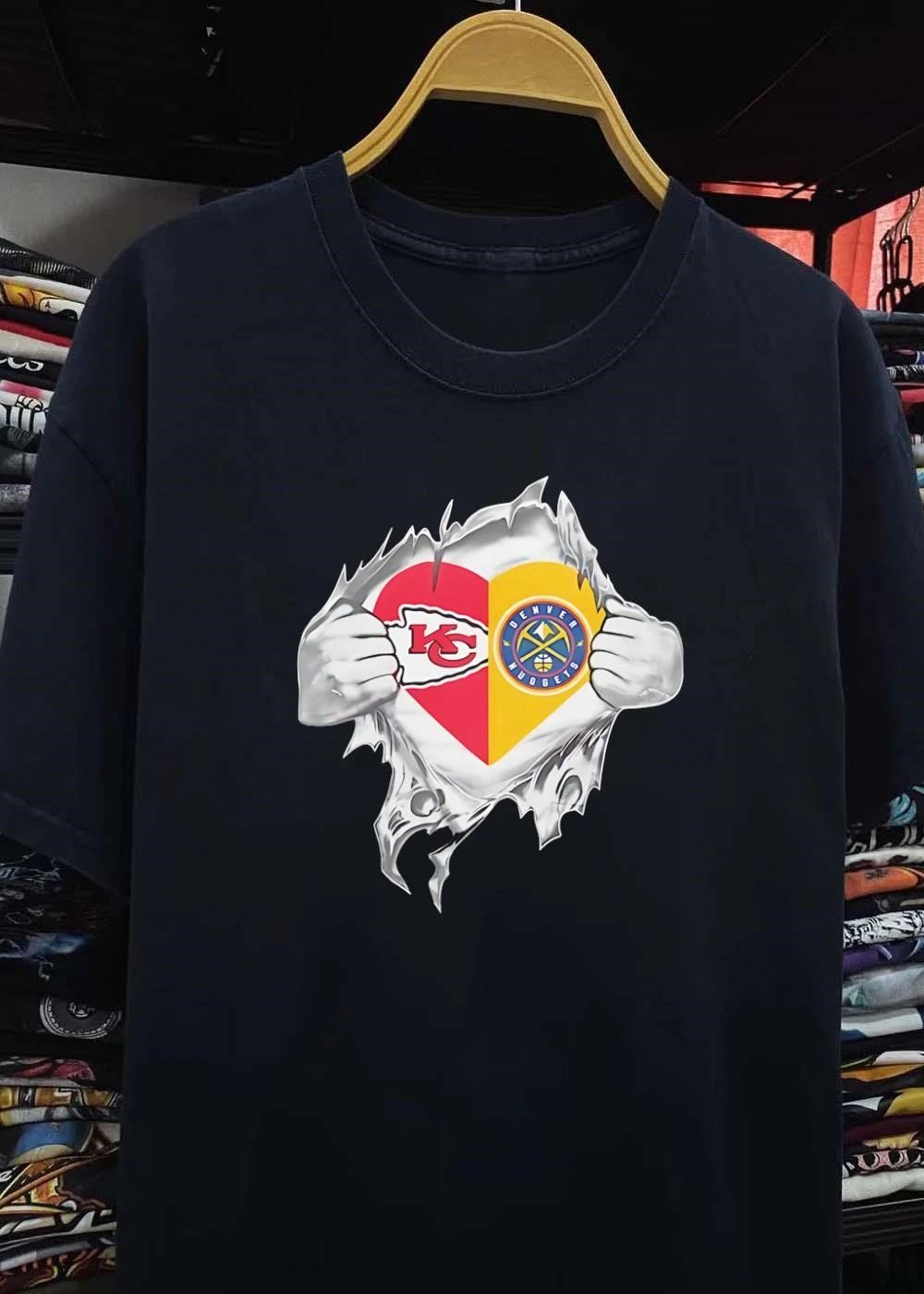 KC Chiefs Denver Nuggets Heart Ripped Chest T-Shirt