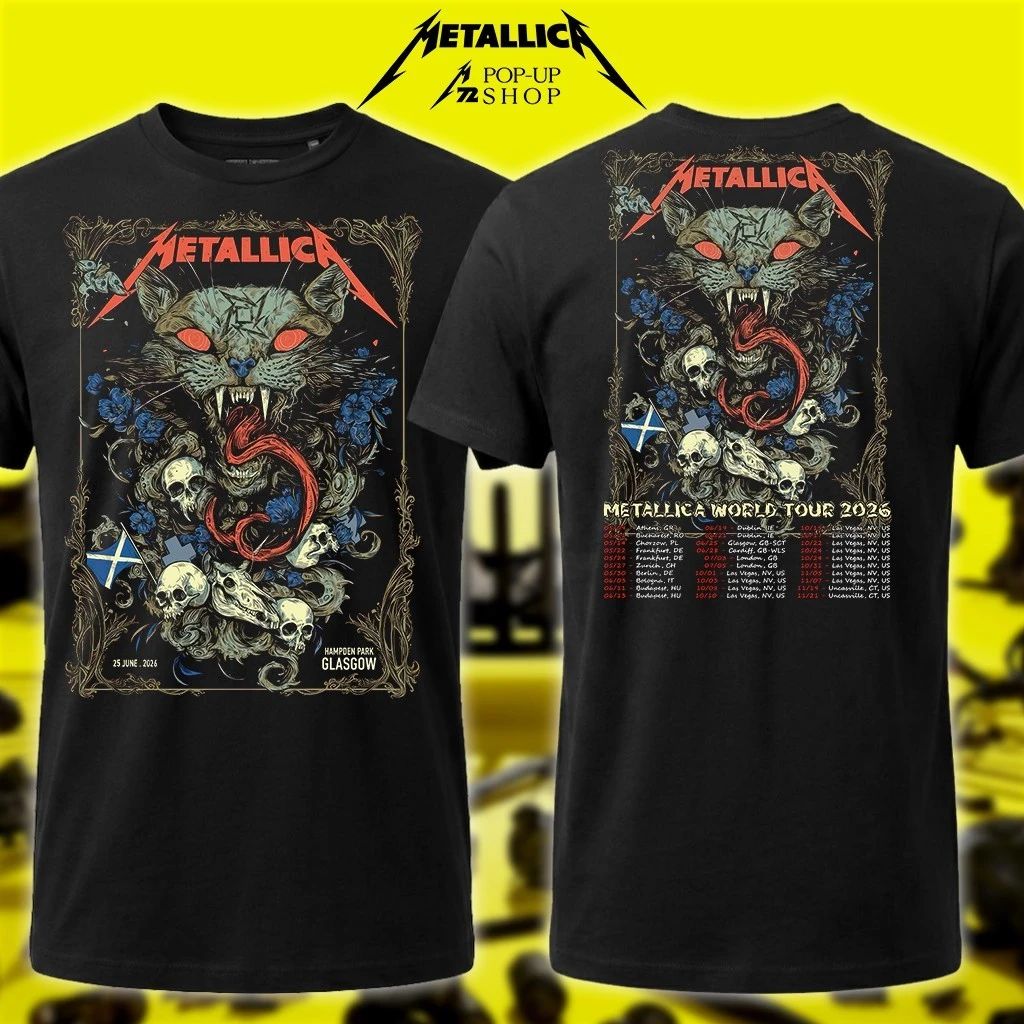 Metallica Glasgow Scotland 25th June 2026 Pop-Up Shirt – US & EU World Tour Art Wolf Skull Jack