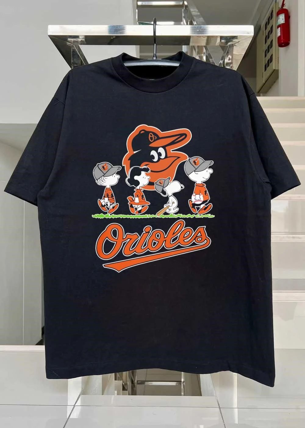 Peanuts Gang Walking with Baseball Gear Orioles T-Shirt