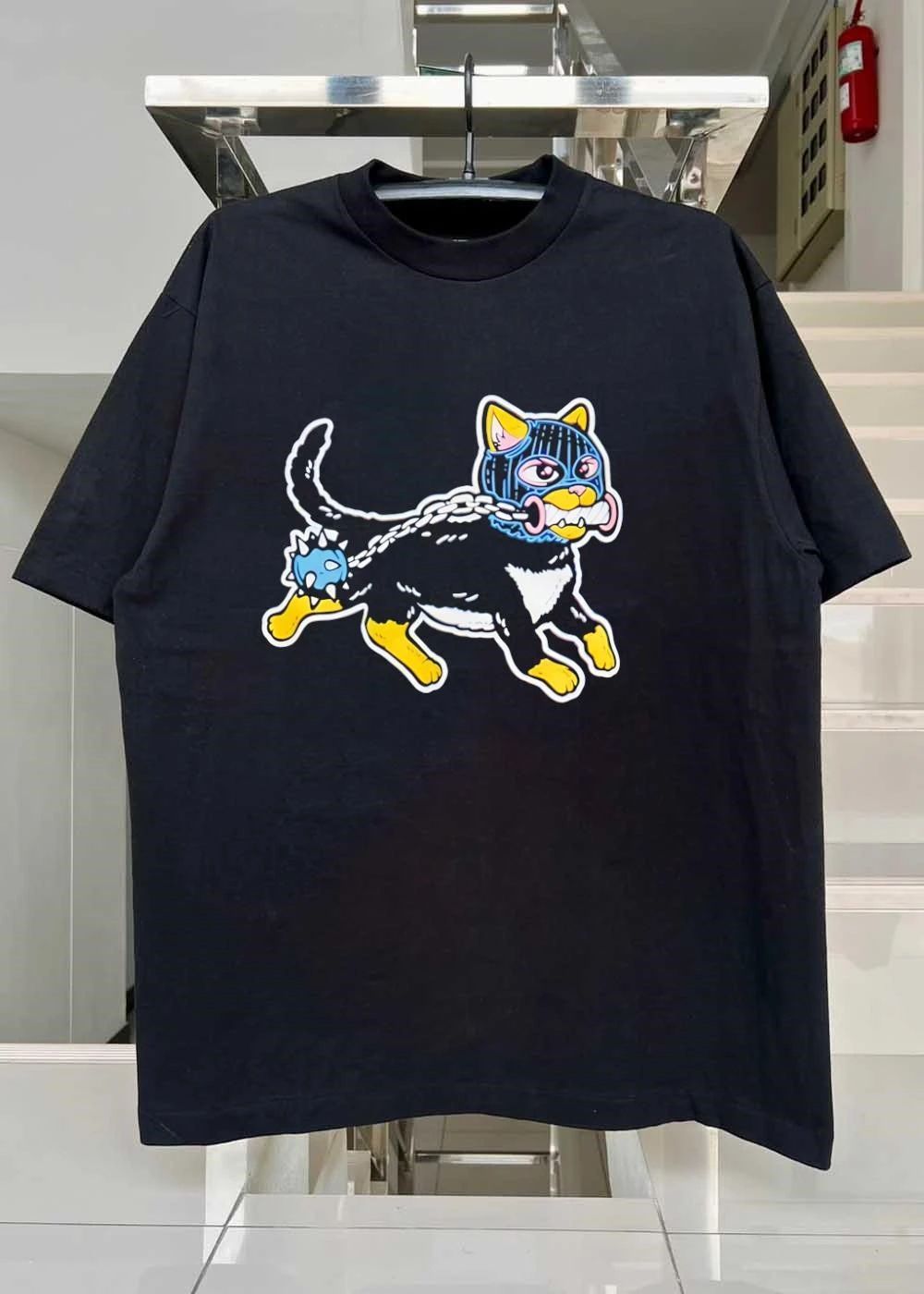 Streetwear Punk Cat Wearing a Balaclava with a Spiked Ball T-Shirt