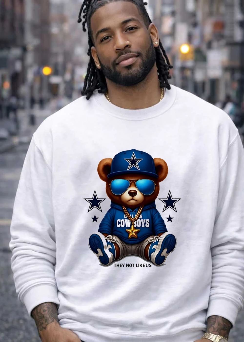 Dallas Cowboys Hoodie, Bear With Blue Cap, Shades and Gold Star Chain T-Shirt