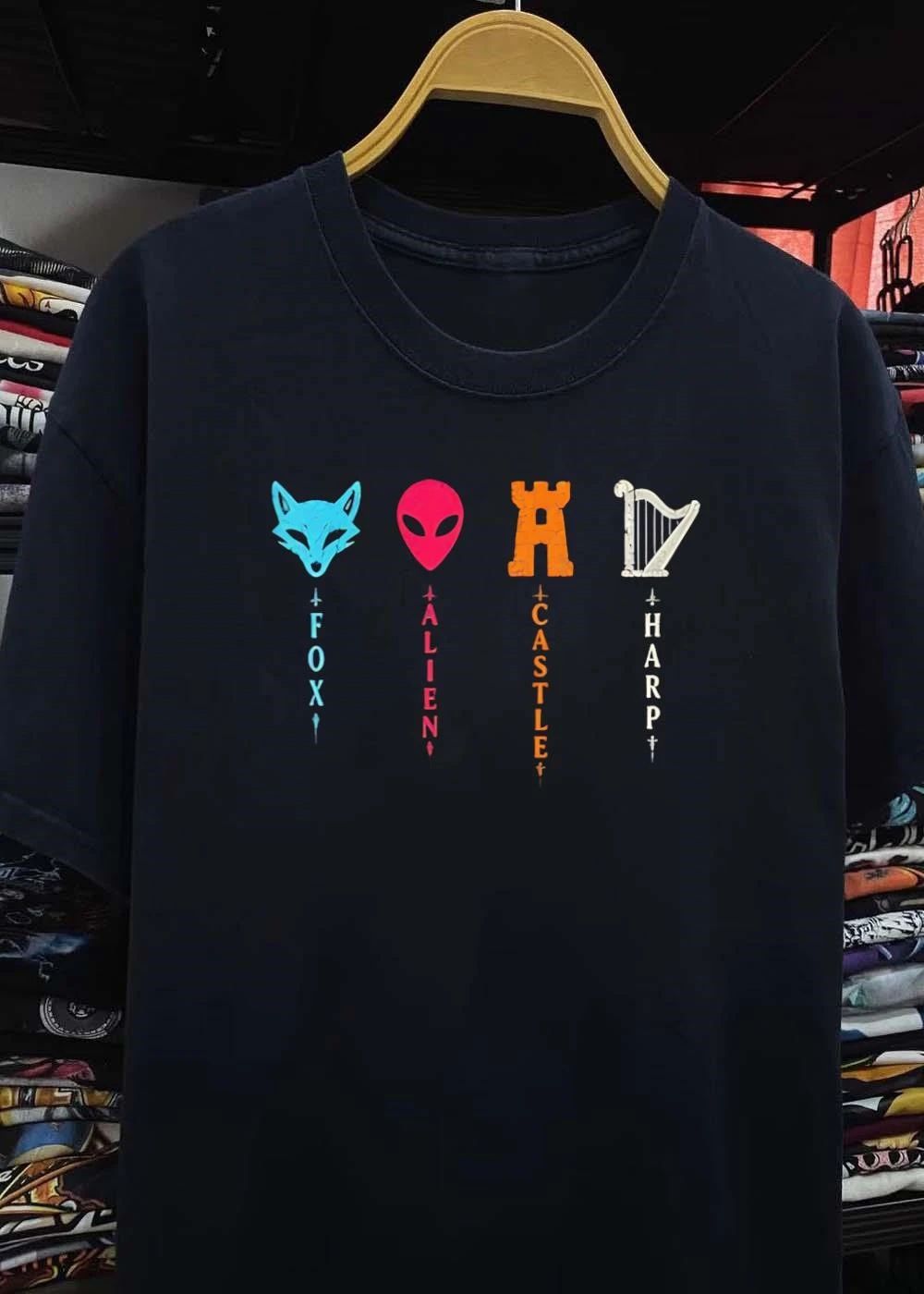 Fox Alien Castle Harp Icons Vertical Text Graphic T-Shirt