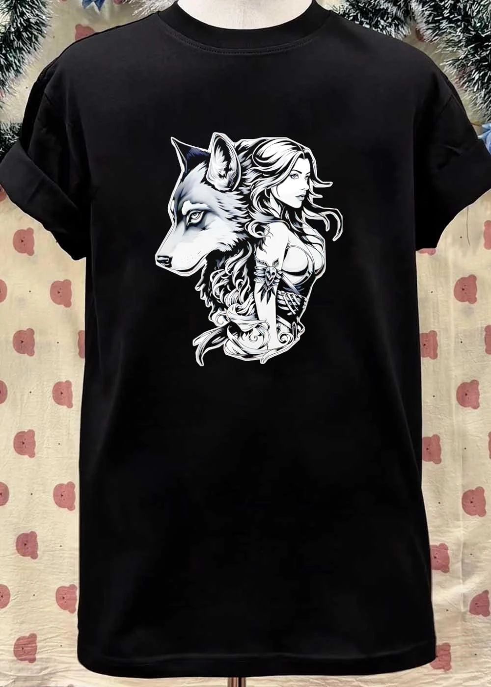 Wolf and Woman Spiritual Connection Artistic Black and White T-Shirt