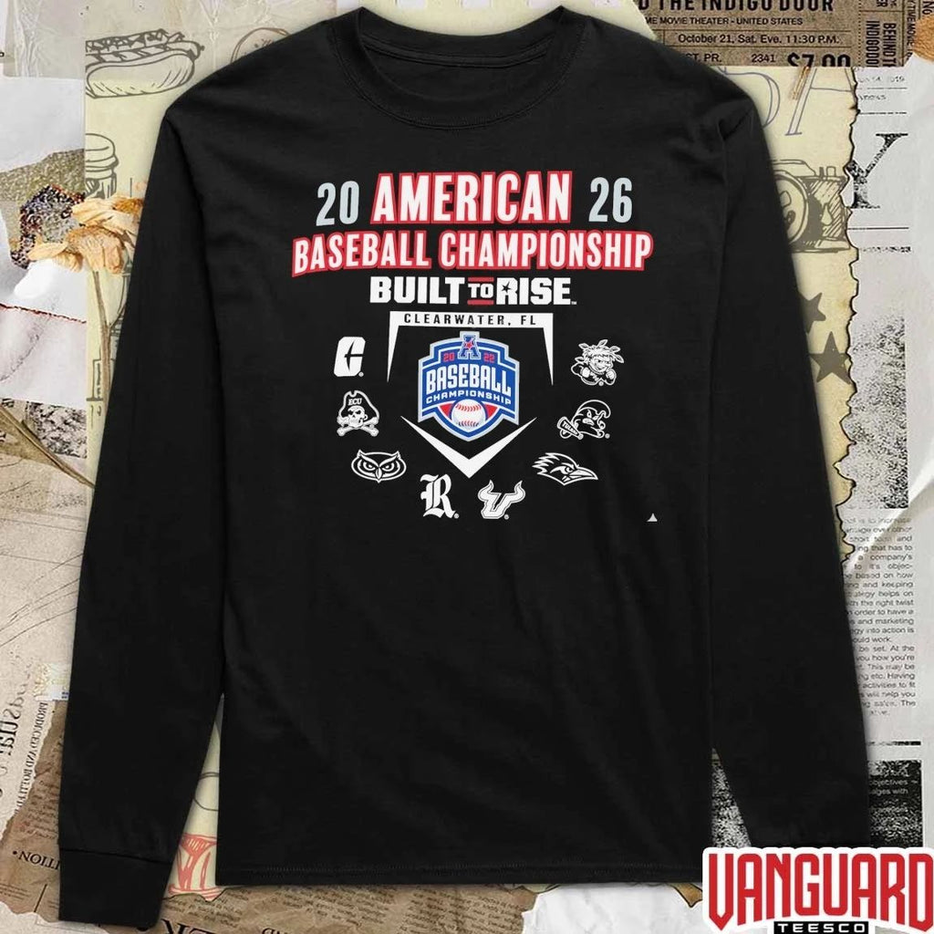 2026 American Athletic Pop Up Now Baseball Championship Built To Rise Clearwater FL Logos t-shirt