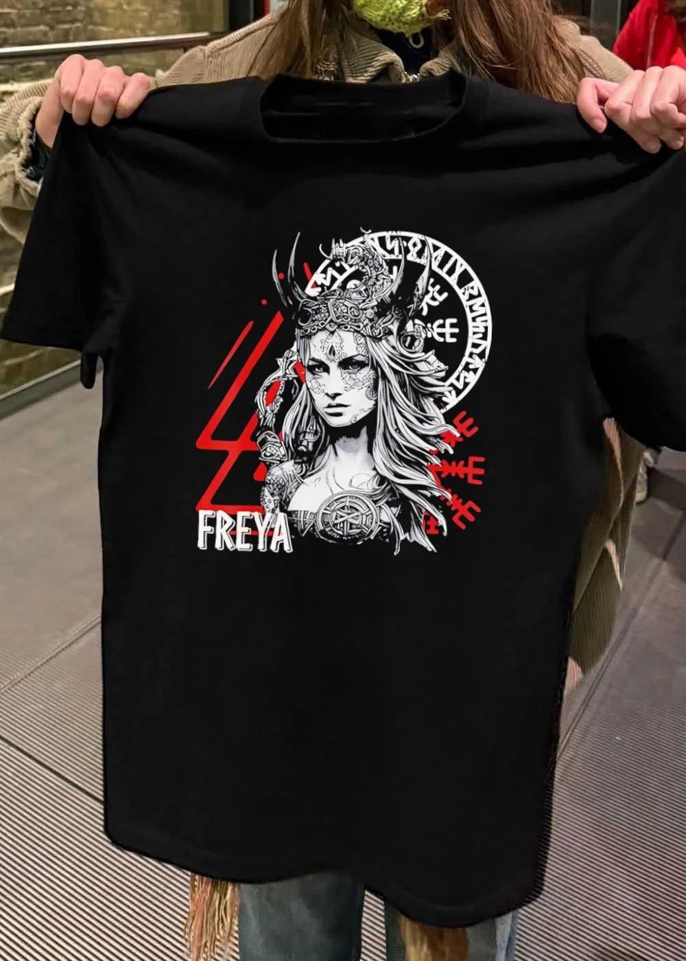 Viking Warrior Goddess Freya Norse Mythology Runes Symbol Black T-Shirt