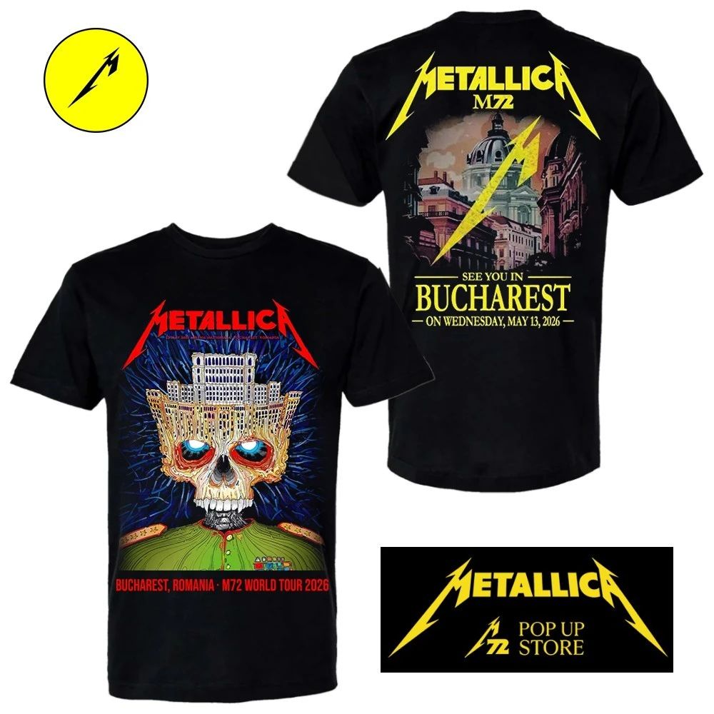 Metallica M72 Bucharest Merch Tee See You In Bucharest May 13, 2026 Arena Nationala, Bucharest Romania Gojira and Knocked Loose Two Sided Shirt