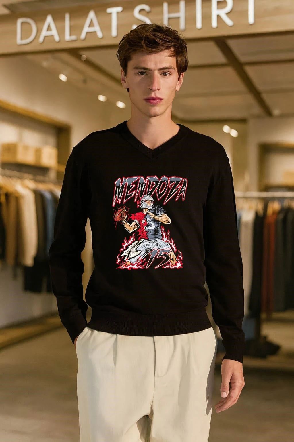 Mendoza 15 American Football Quarterback Throwing Ball In Red Flames shirt